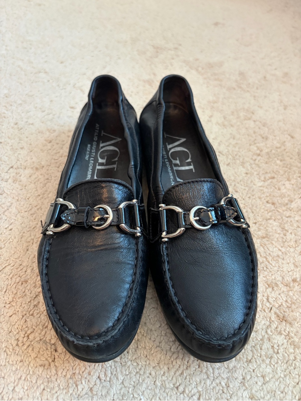 AGL Attilio Giusti Leombruni Women’s Black Leather Loafers Silver Hardware Sz 8